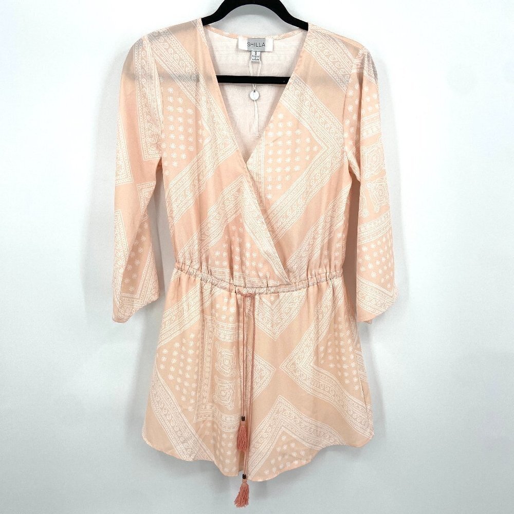 NWOT SHILLA Blush Pink White Light Faux Wrap Elastic Waist Tassle Romper Small